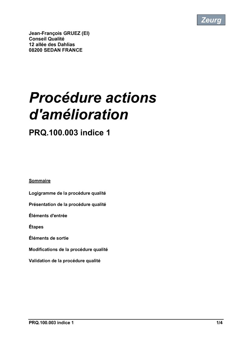 Procédure actions d'amélioration 01