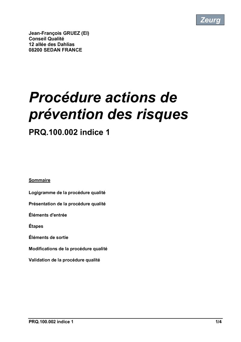 Procédure actions de prévention des risques 01