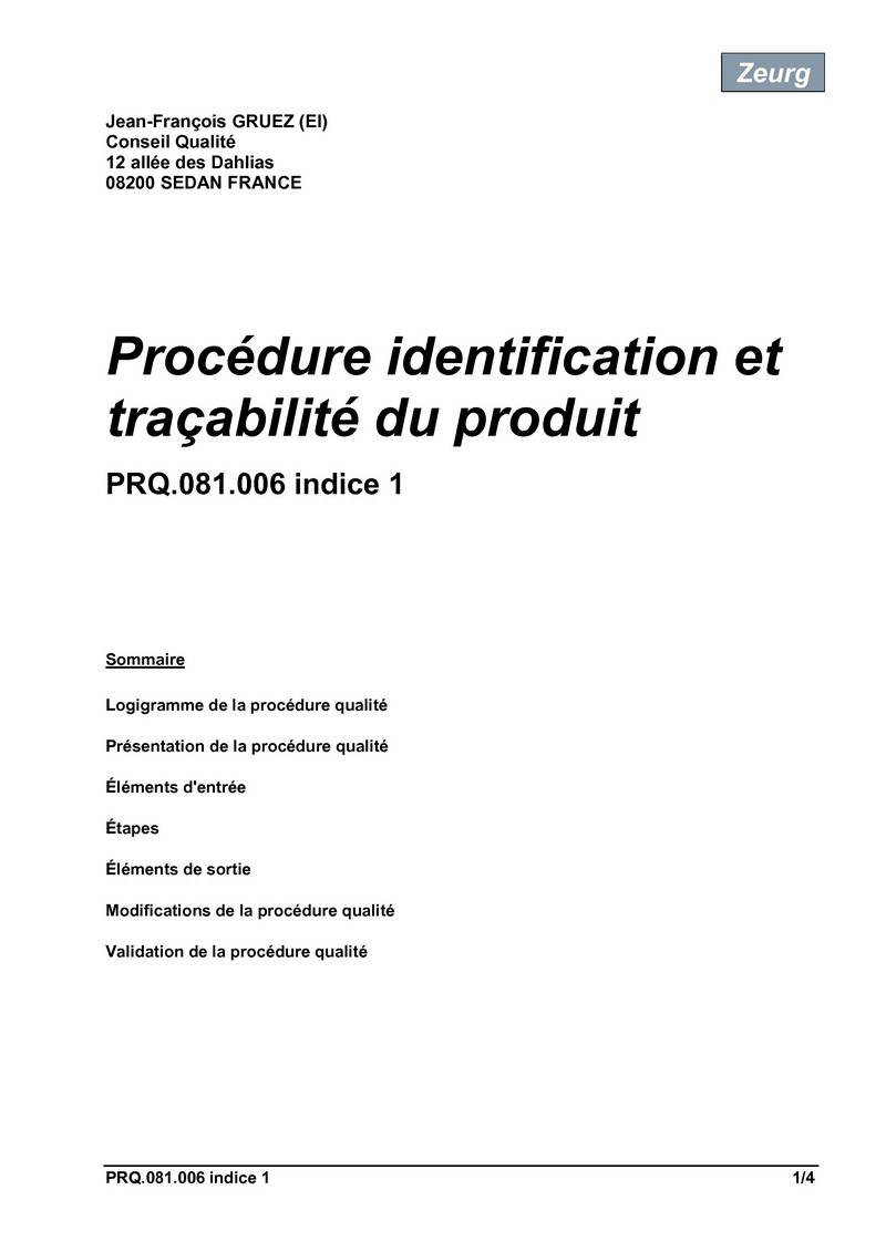 Procédure identification et traçabilité du produit 01