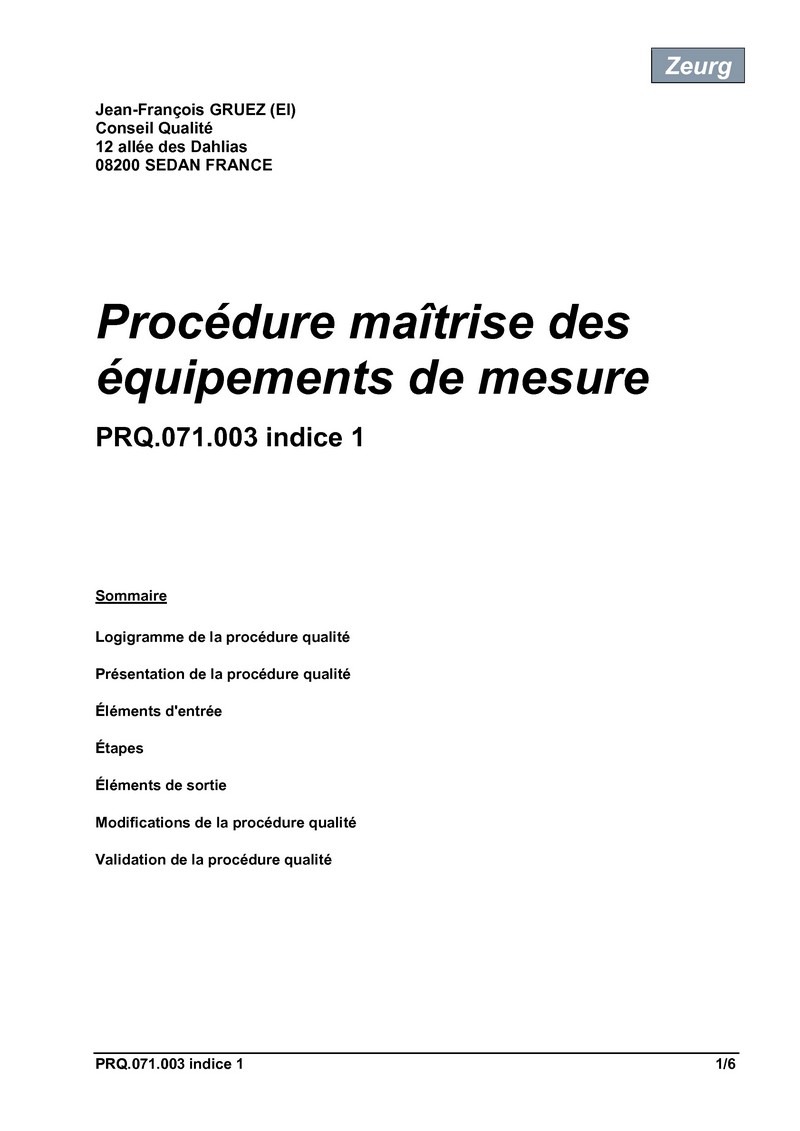 Procédure maîtrise des équipements de mesure 01