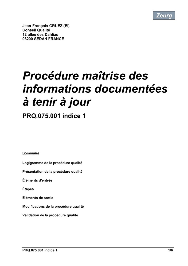 Procédure maîtrise des informations documentées à tenir à jour 01
