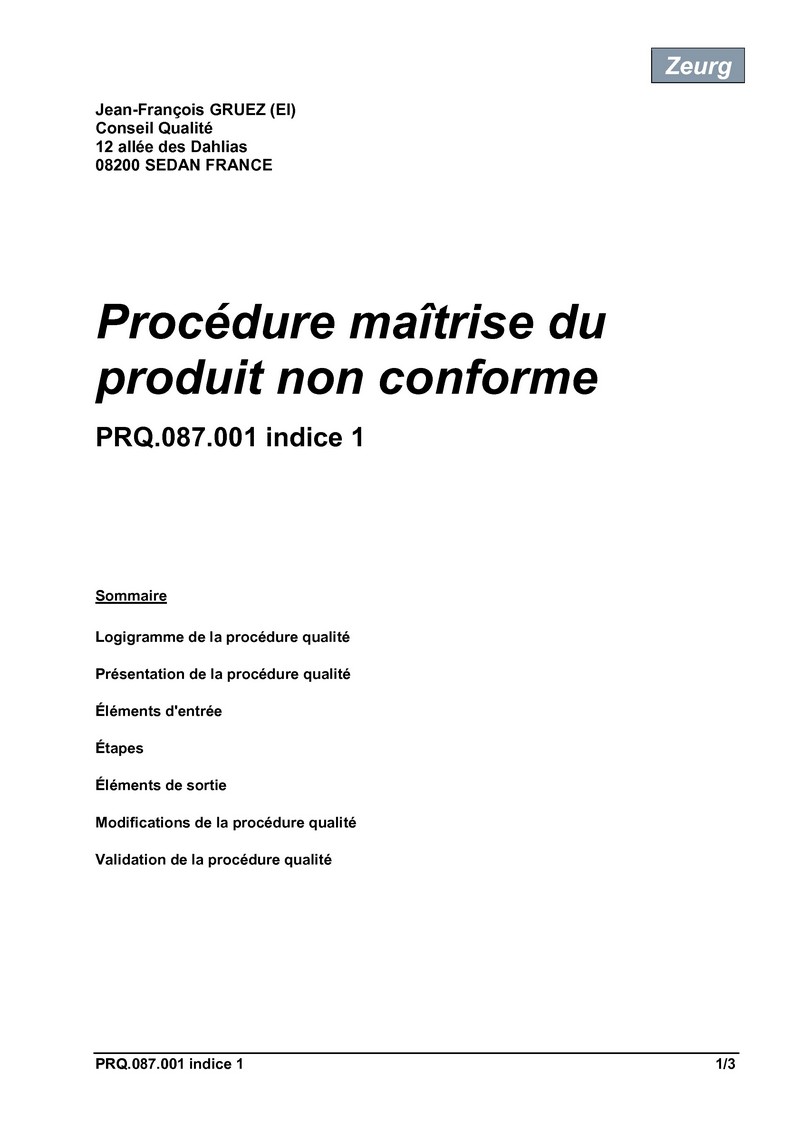 Procédure maîtrise du produit non conforme 01