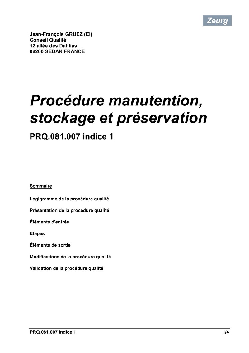 Procédure manutention, stockage et préservation 01