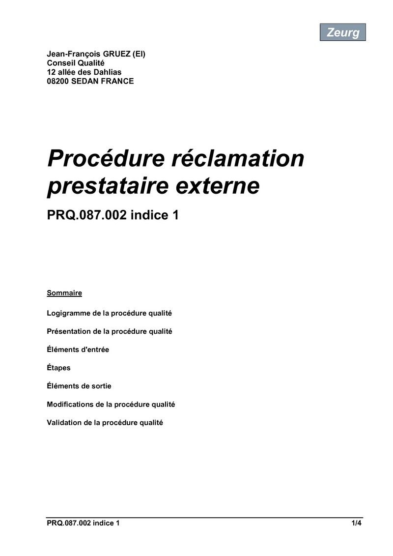 Procédure réclamation prestataire externe 01